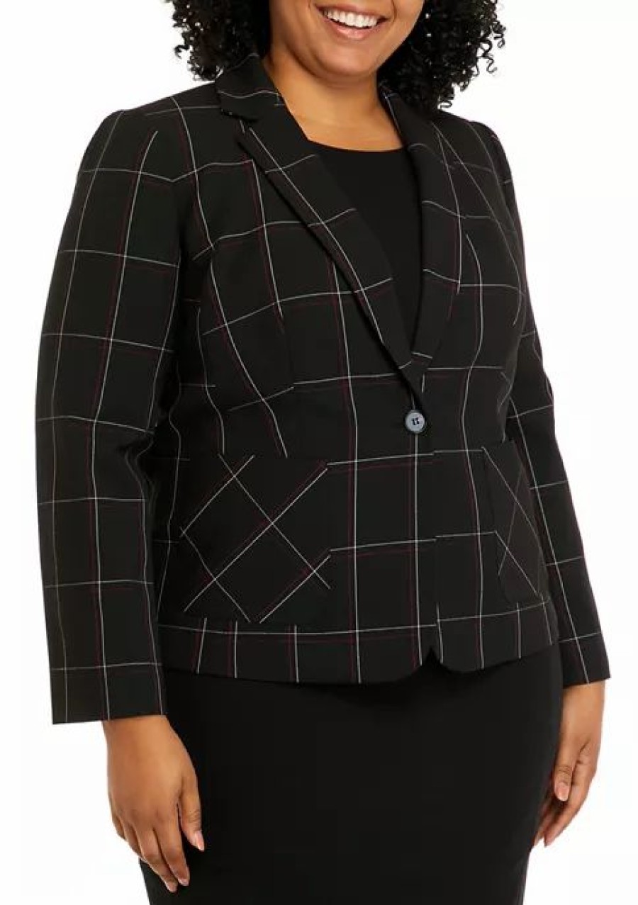 Women * | Wholesale Kasper Plus Size Long Sleeve One Button Windowpane Jacket Black Multi