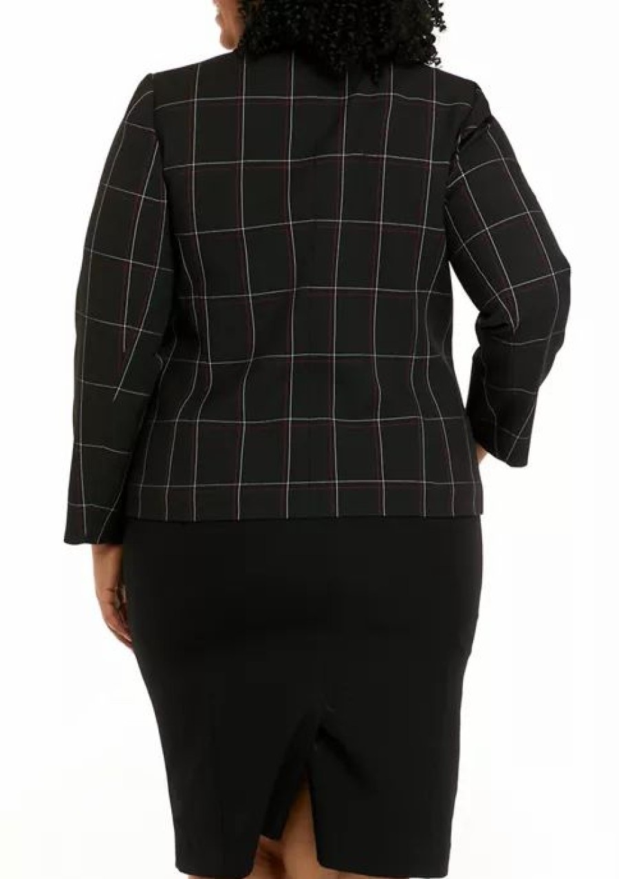 Women * | Wholesale Kasper Plus Size Long Sleeve One Button Windowpane Jacket Black Multi