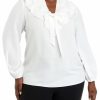 Women * | Top 10 Kasper Plus Size Long Ruffle Front Solid Chiffon Blouse Lily White