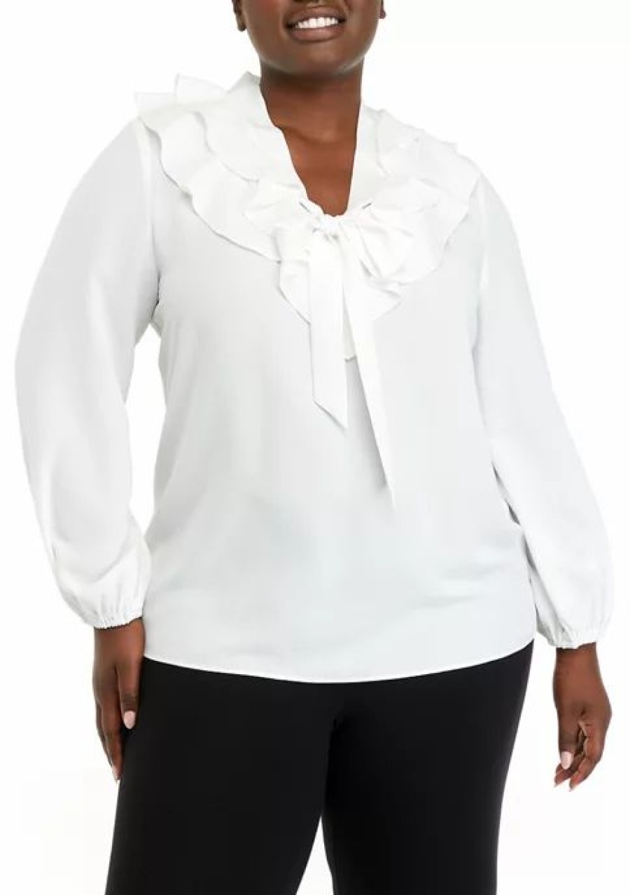 Women * | Top 10 Kasper Plus Size Long Ruffle Front Solid Chiffon Blouse Lily White