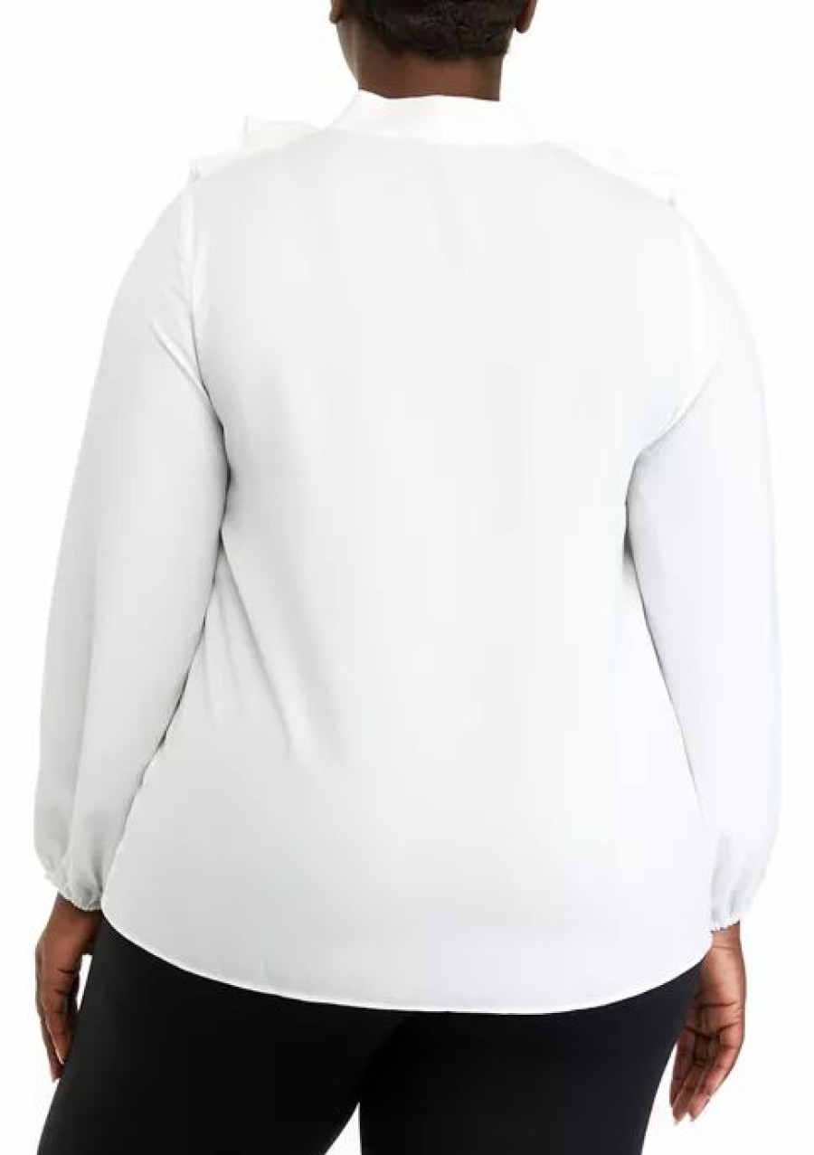 Women * | Top 10 Kasper Plus Size Long Ruffle Front Solid Chiffon Blouse Lily White