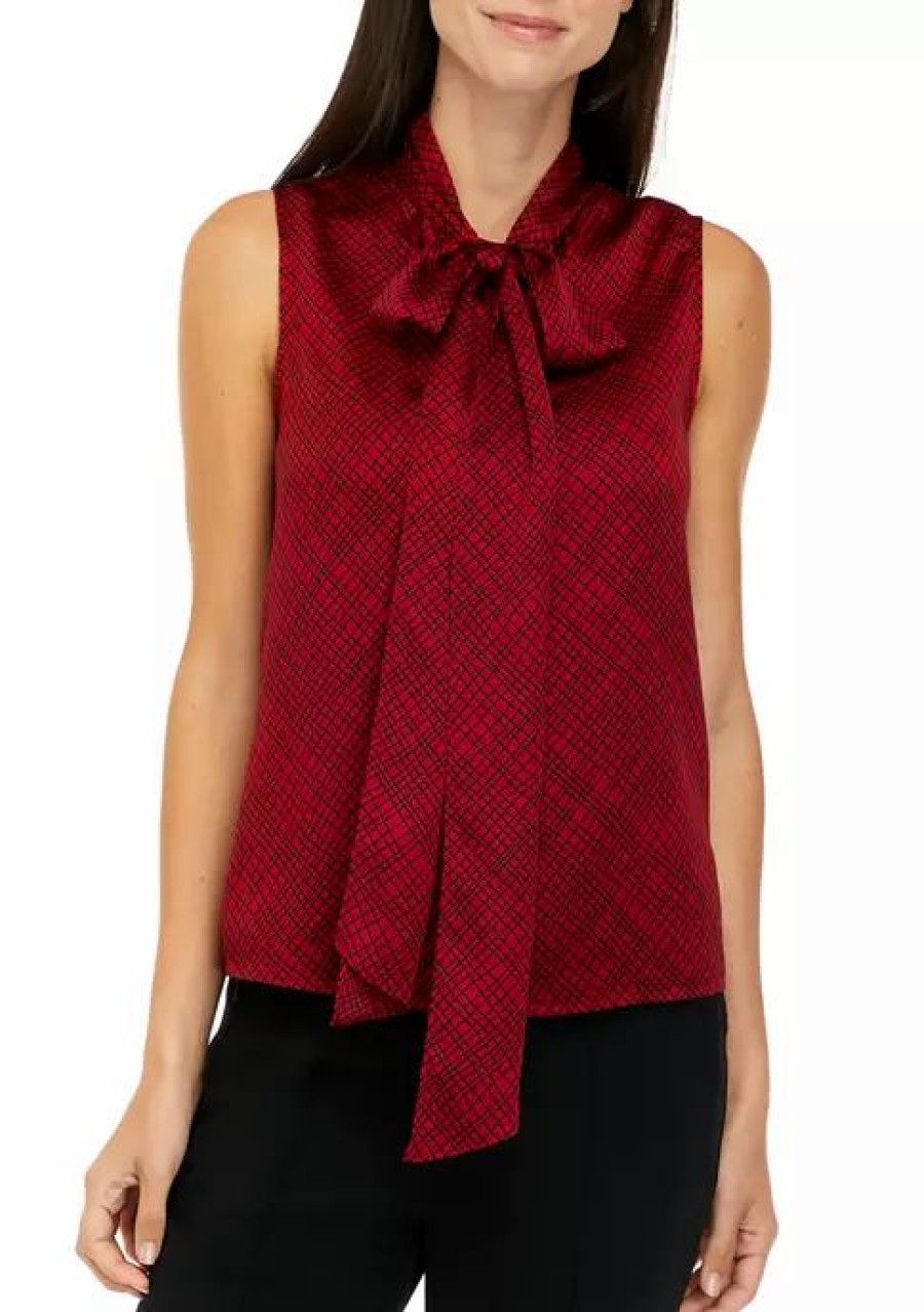 Women * | Cheapest Kasper Women'S Sleeveless Bow Neck Satin Blouse Fire Red/Black