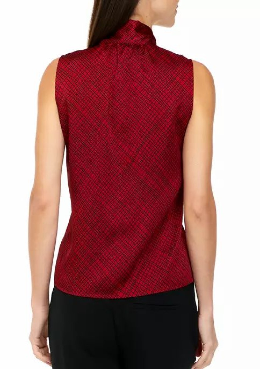 Women * | Cheapest Kasper Women'S Sleeveless Bow Neck Satin Blouse Fire Red/Black